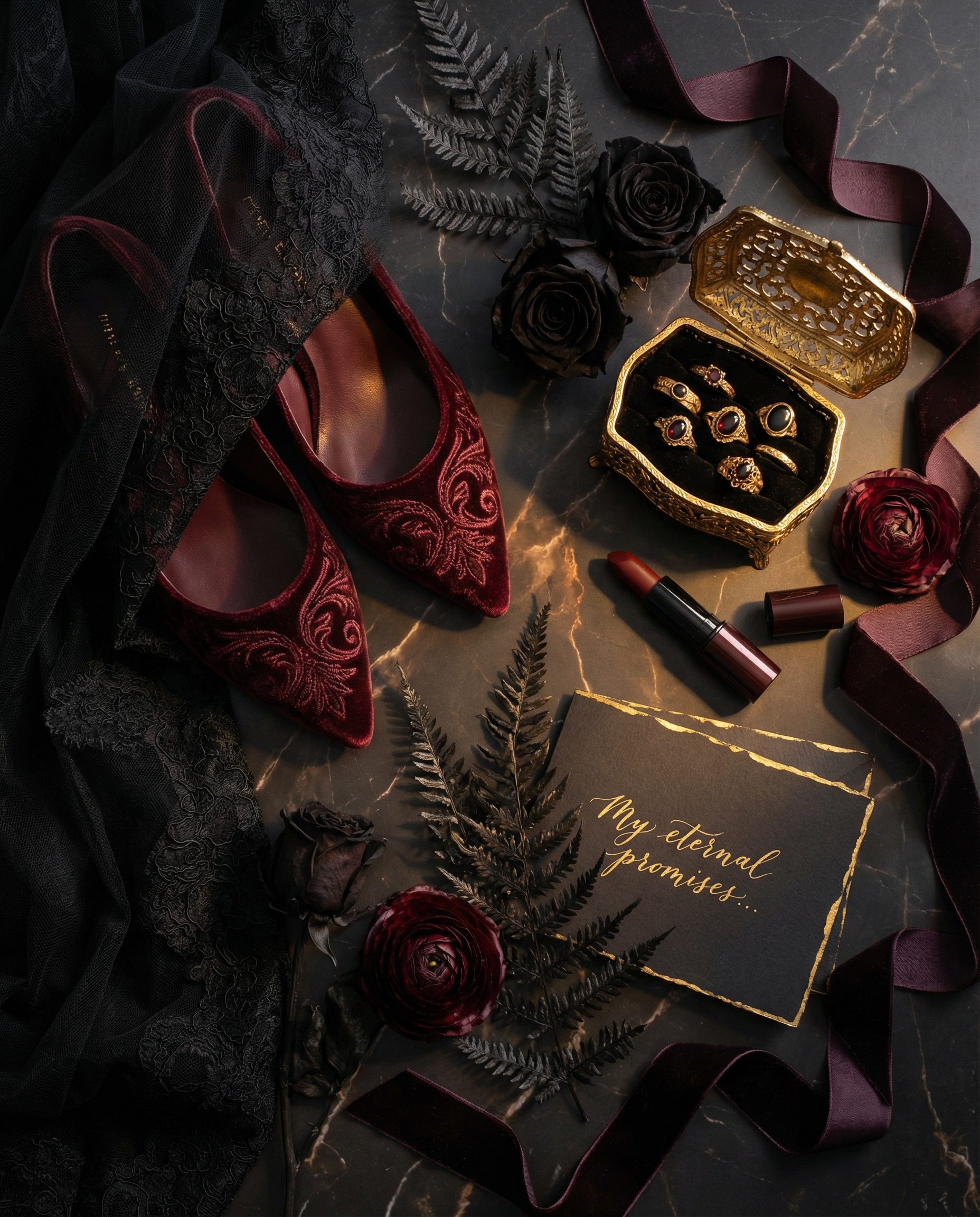 Close-up of dark wedding blooms including Black Baccara roses and deep plum florals on dark velvet