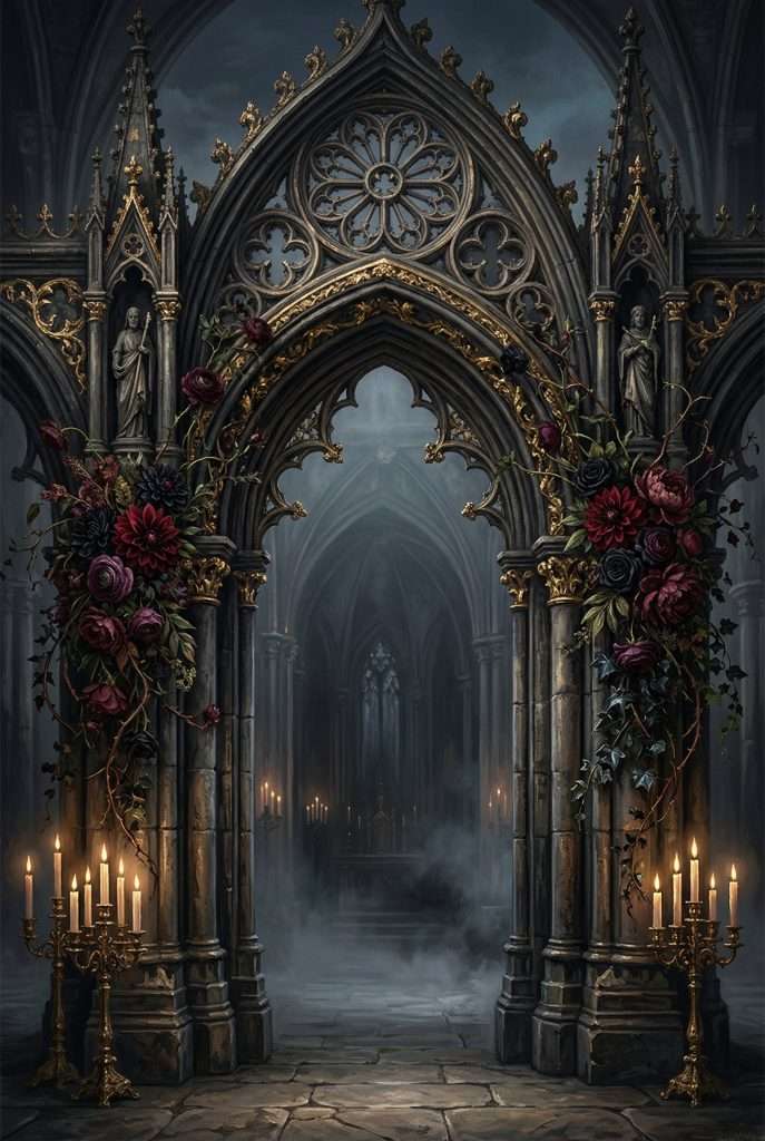 Gothic stone archway framed with dark burgundy florals at dusk