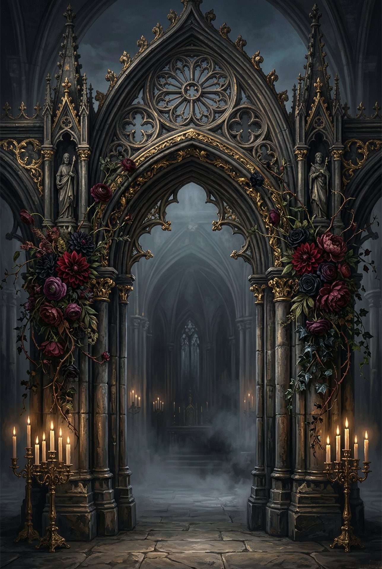 Oxblood dahlia centerpiece arrangement with antique gold candles against a dark cathedral arch
