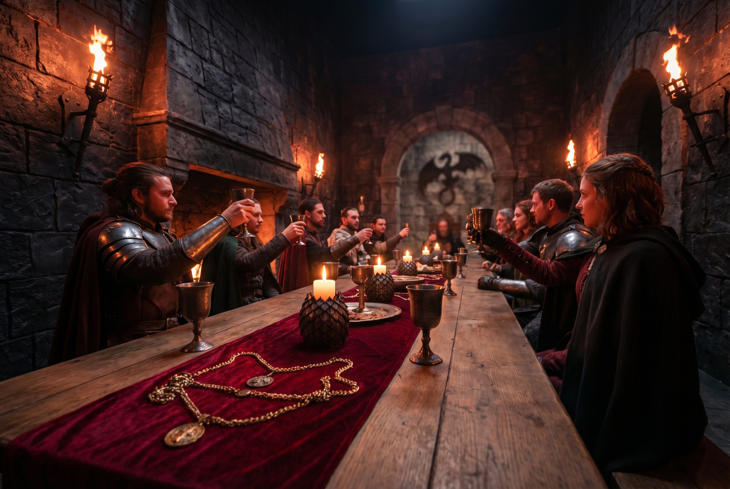 Dragon fantasy medieval wedding feast in a torch-lit great hall with stone walls, iron goblets, crimson velvet runner, and sovereign gold medallions