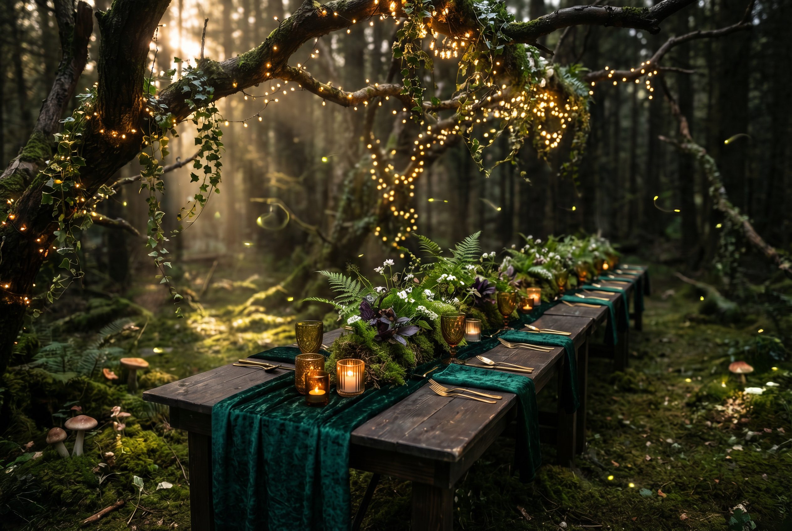 Enchanted forest wedding reception at twilight with fairy lights strung through ancient trees, emerald green velvet table runner, gold cutlery, moss centerpieces, and glowing fireflies