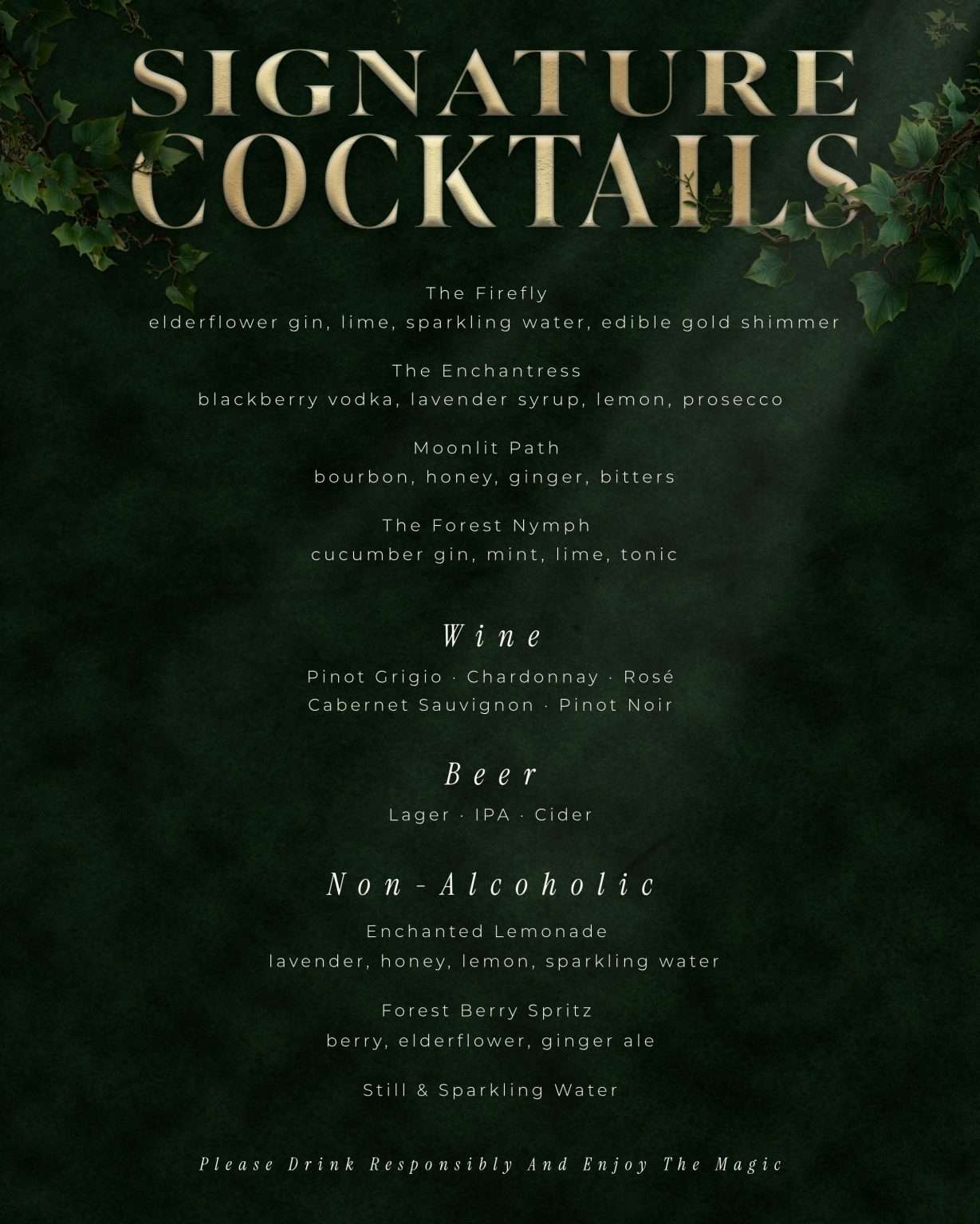 Enchanted Forest bar menu listing cocktail and beverage selections over illustrated forest artwork