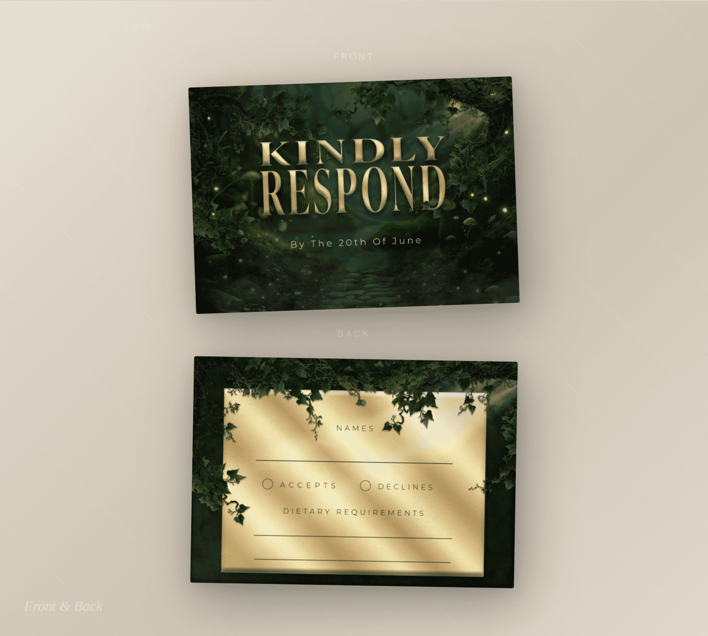 Enchanted Forest RSVP card showing response, meal selection and dietary lines on a dark illustrated forest background
