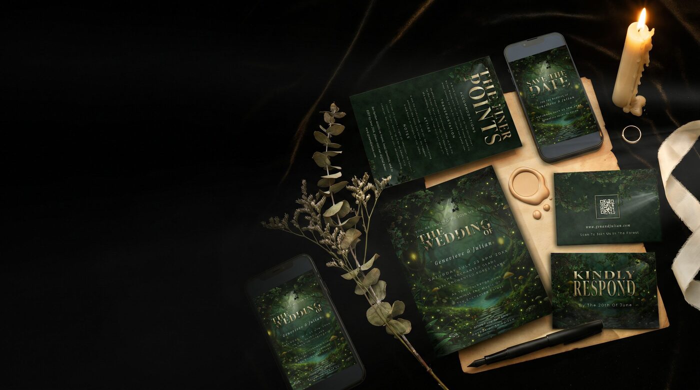 Enchanted Forest Essentials Suite flat-lay on parchment with dried eucalyptus, candle, and gold ring on dark velvet