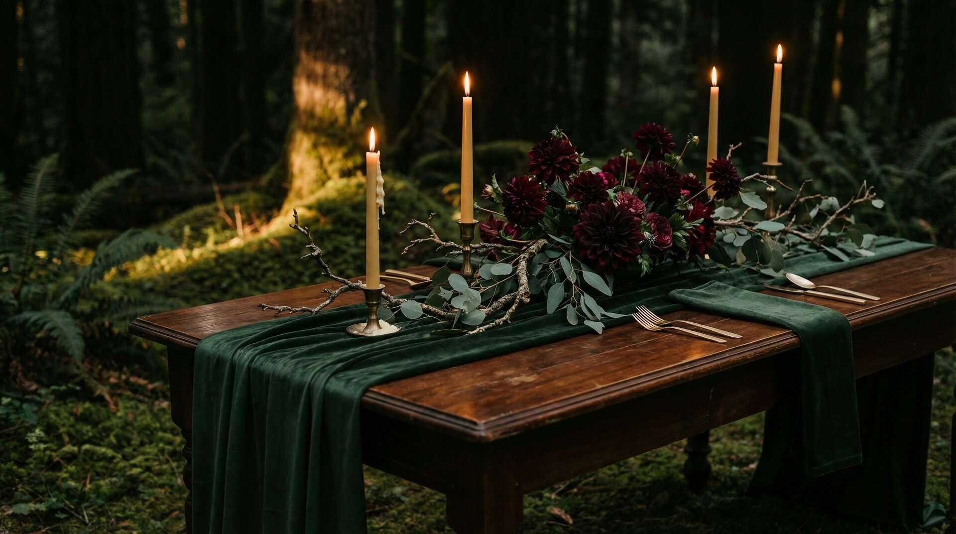 The ThornBloom Enchanted Forest Suite: Invitation, Kindly Respond RSVP, Finer Points details card, Menu, QR code card, and a black envelope with green wax seal, arranged in a wreath of moss, ferns, and ivy around beeswax tapers on dark moss-green velvet, lit by warm candlelight with antique gold-effect typography catching the glow