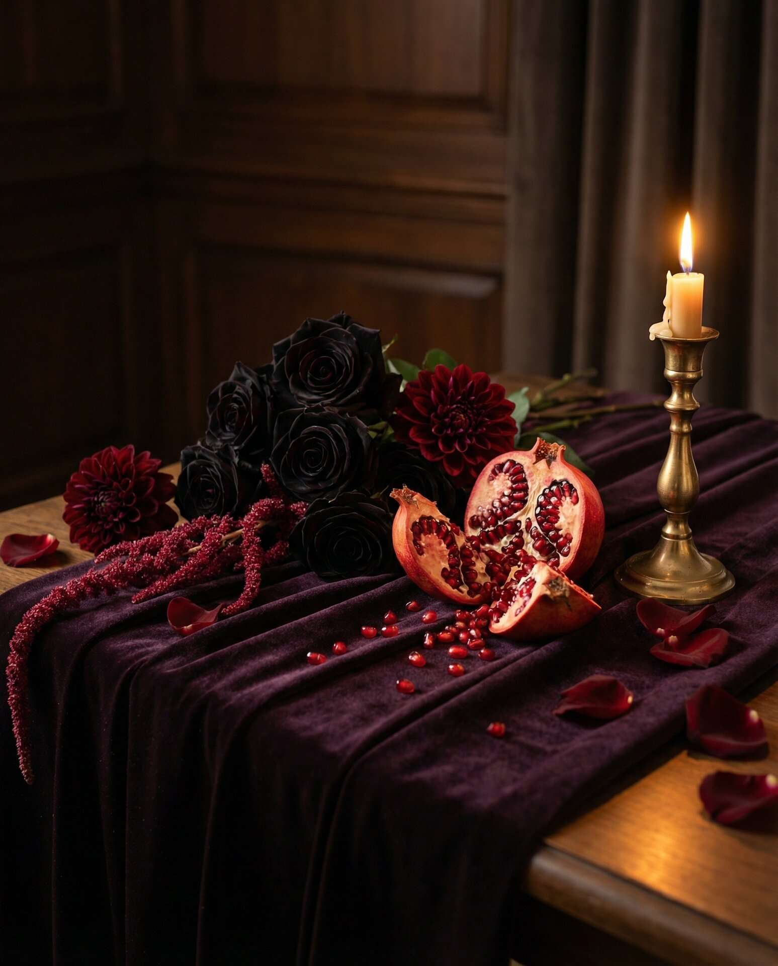 The live ThornBloom Enchanted Forest Suite: invitation, menu, QR code card, and a plum envelope with wax seal, layered onto Plum Noir velvet with antique gold ribbon and warm candlelight