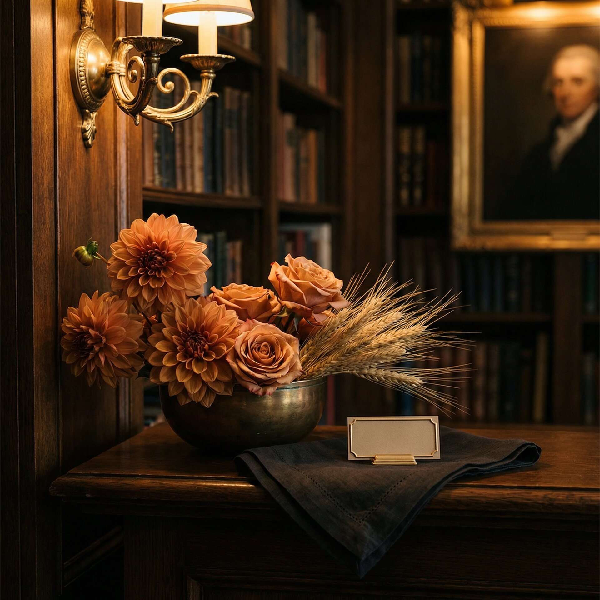 Historic library reception detail with smoked amber dahlias, dried wheat, copper candleholders, and obsidian linens lit by warm picture lights