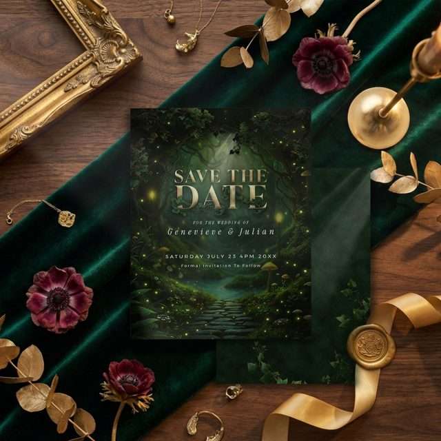 Enchanted Forest save the date card in deep green with gilded typography