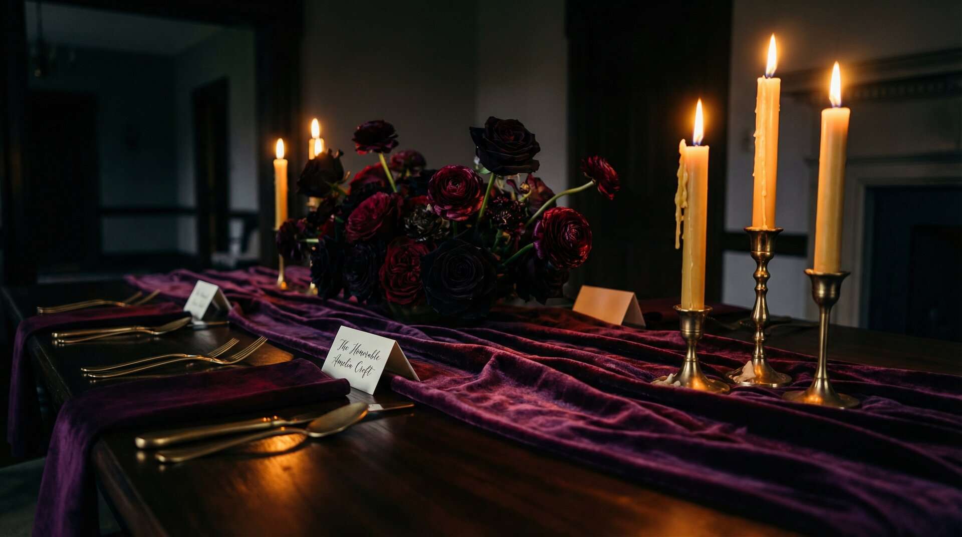 Dark moody plum noir wedding tablescape with deep plum velvet runner, oxblood roses and dark ranunculus centerpiece, taper candles in antique gold holders, calligraphy place cards on a wooden banquet table