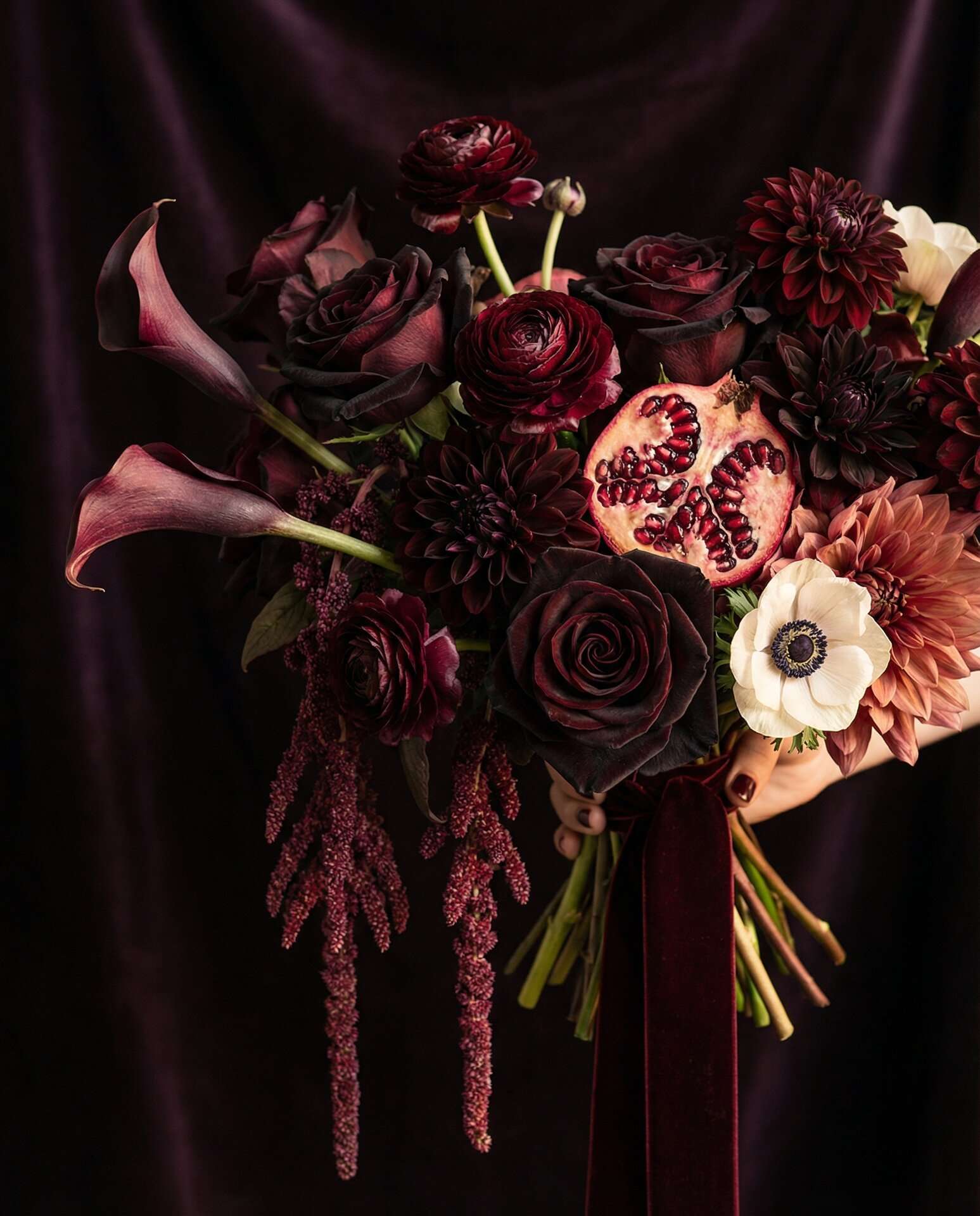 Bridal bouquet of black baccara roses, dark dahlias, burgundy ranunculus, trailing amaranth, and a single ivory bloom against a Plum Noir velvet background