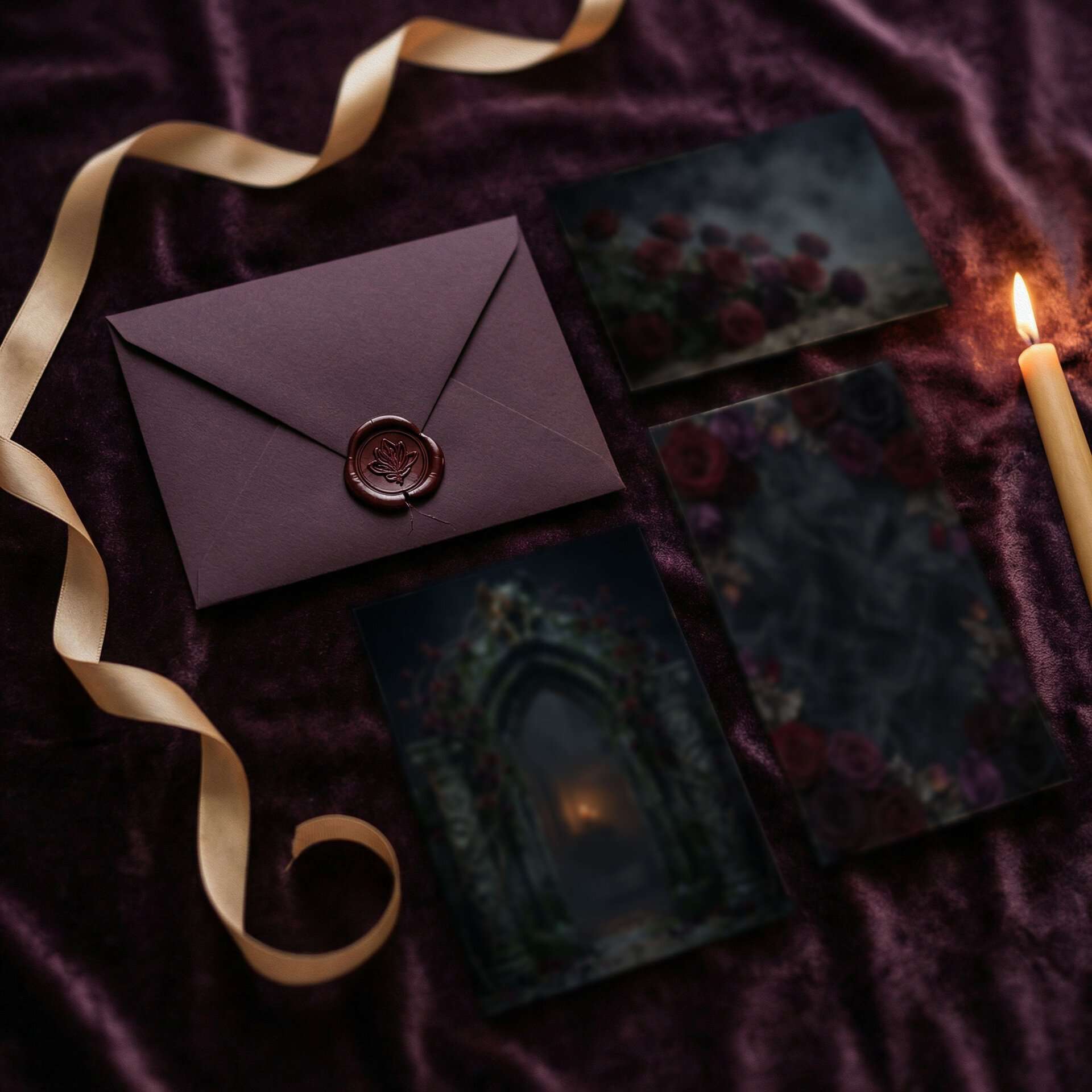 Overhead flatlay of a Plum Noir wedding stationery suite: invitation, RSVP, menu, and wax-sealed envelope rendered in full-bleed #351E28 with candlelight amber effect typography