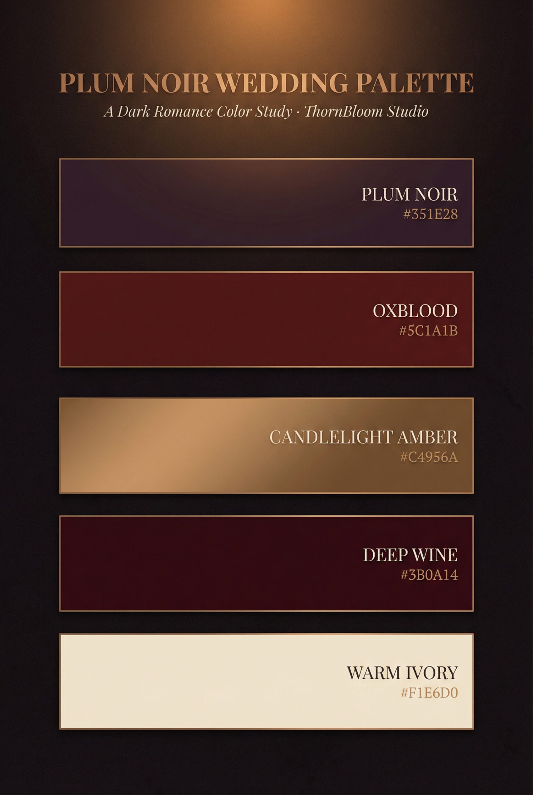 Flat-lay of vamp romantic wedding palette showing oxblood velvet, black baccara roses, burgundy dahlias, and antique gold details on dark surface