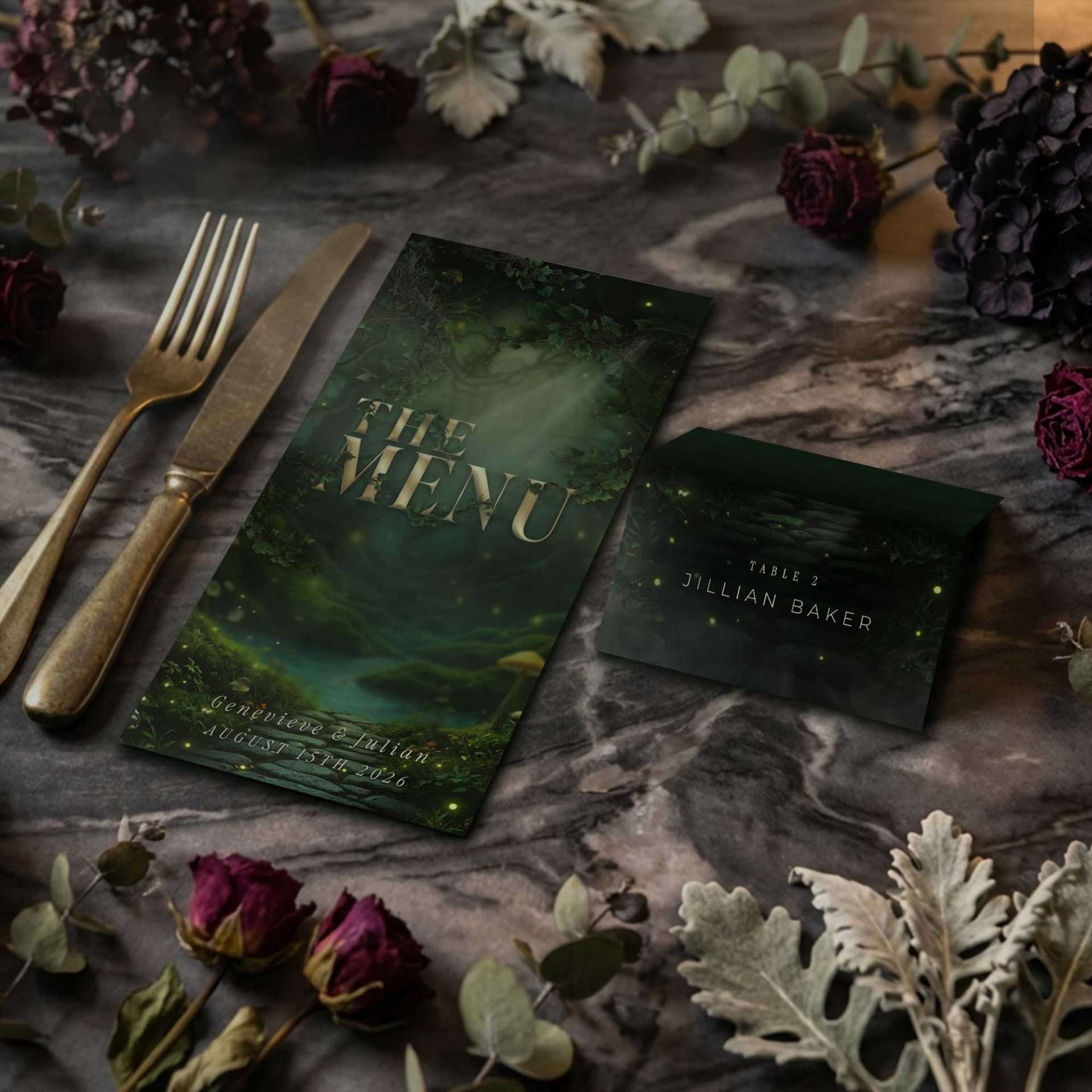 Enchanted Forest Menu And Place Card Table Setting, Enchanted Forest