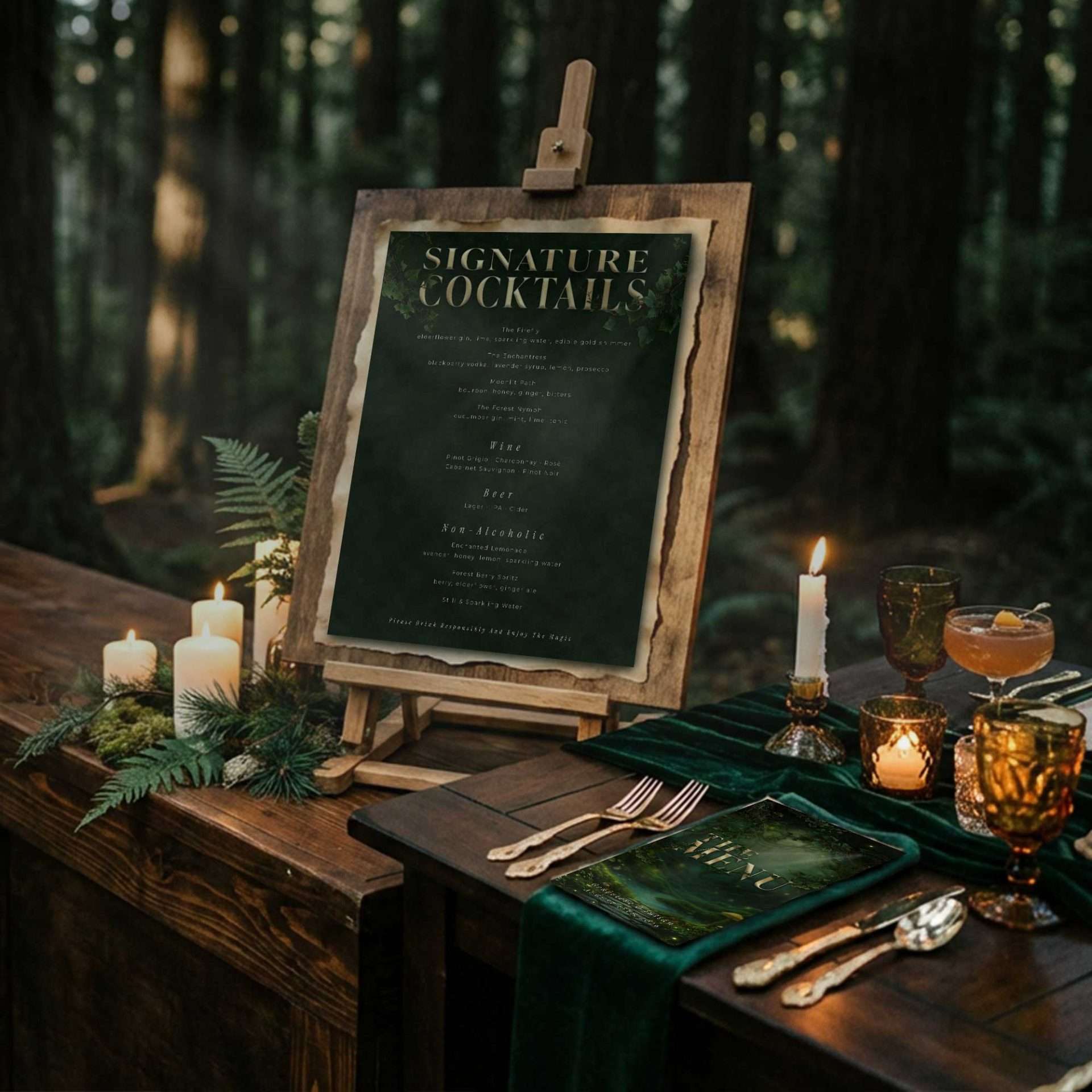 Enchanted Forest Bar Menu Easel Table Setting, Enchanted Forest