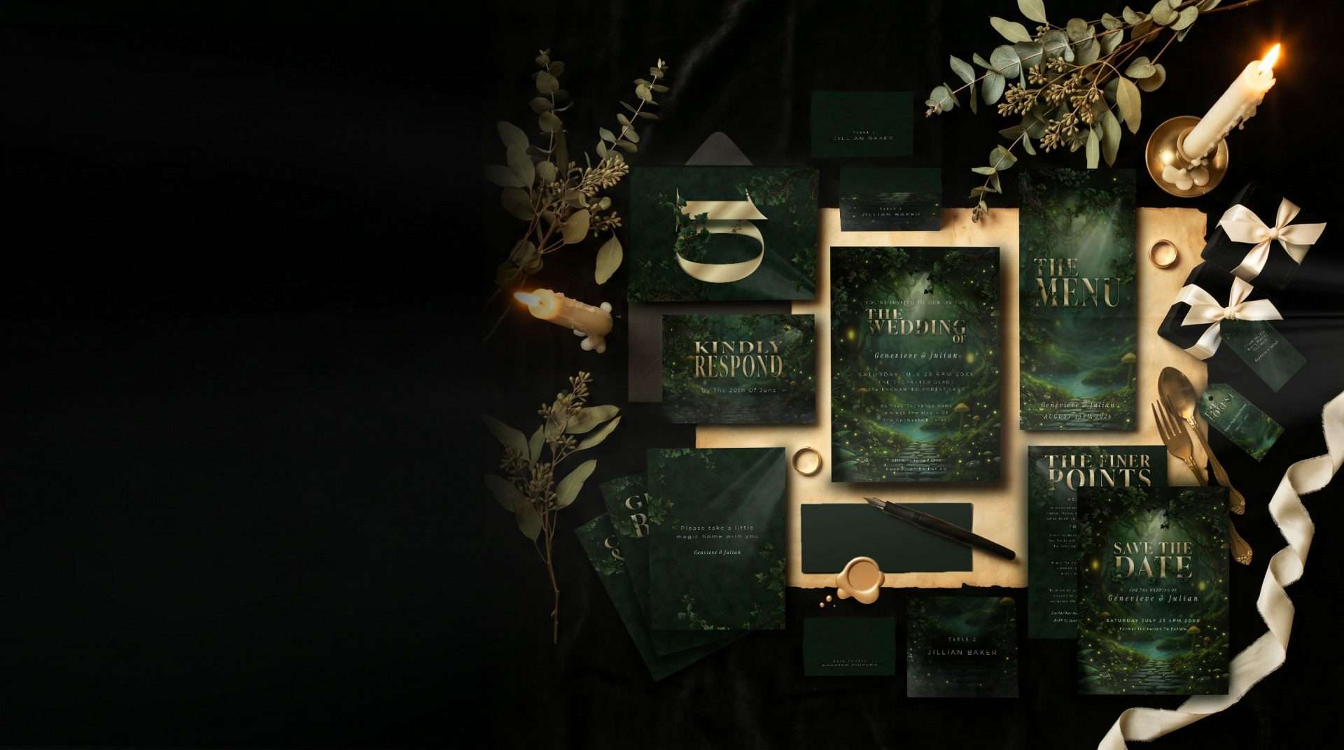 Reception Deluxe suite flat lay: 15 enchanted forest wedding stationery pieces