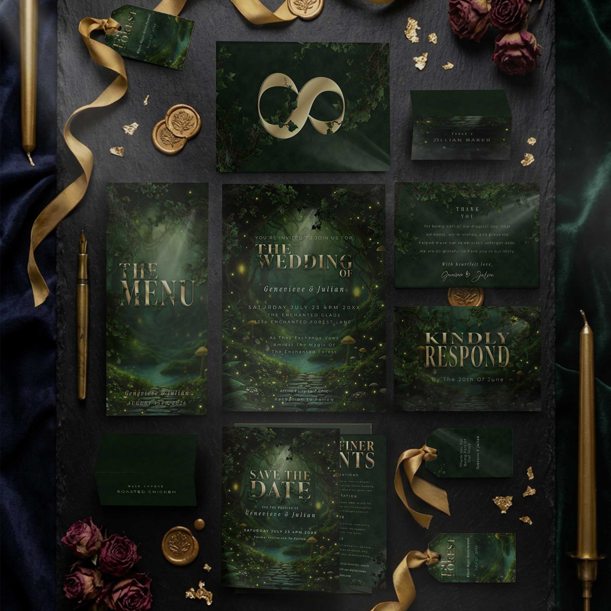 Enchanted Forest Reception Deluxe suite mockup showing coordinated wedding stationery pieces including menus, place cards, table numbers, and reception signage in the enchanted forest design