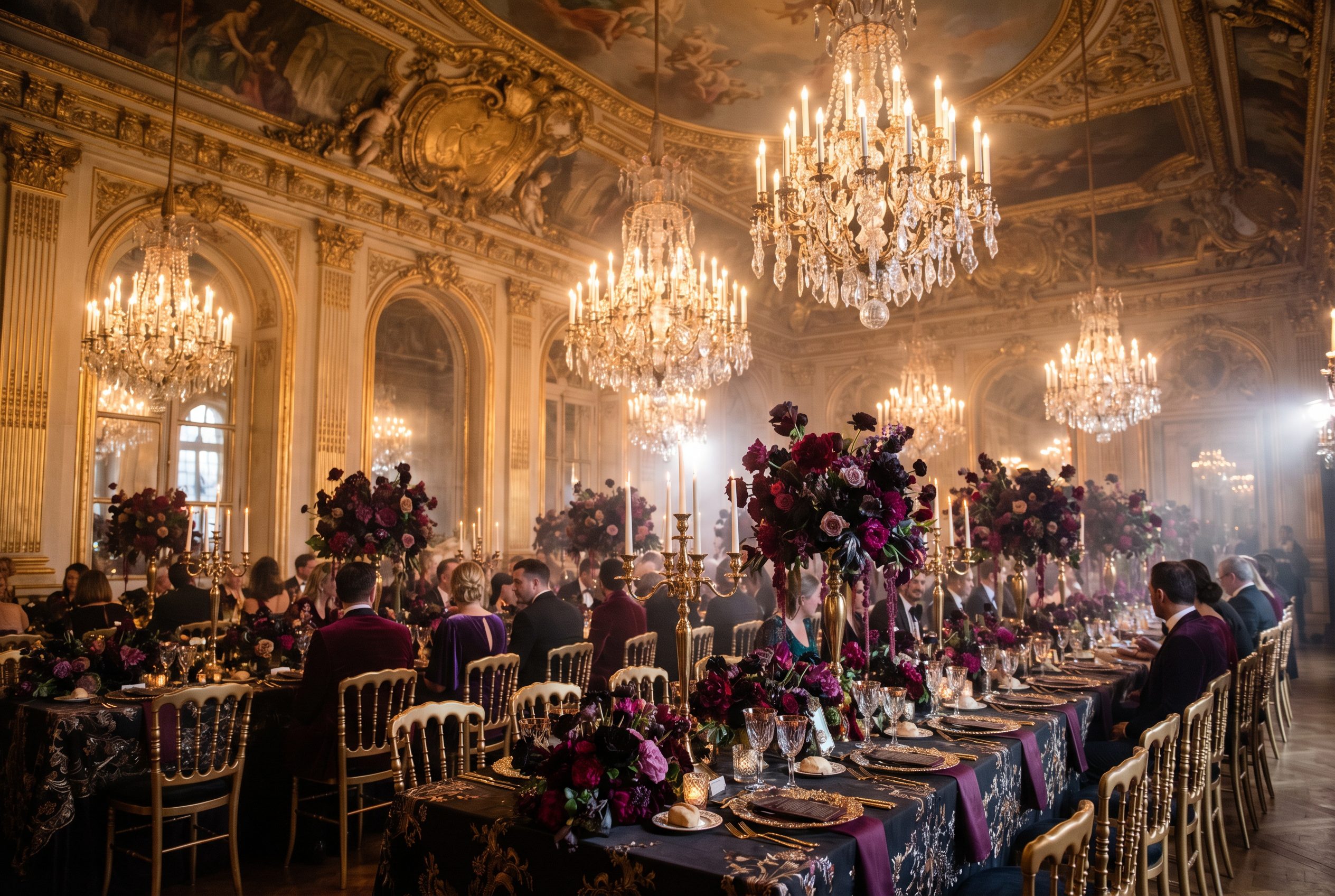 Rococo Palace wedding banquet in an ornate gilded ballroom with baroque ceiling frescoes, crystal chandeliers, gold filigree charger plates, and overflowing dark floral arrangements