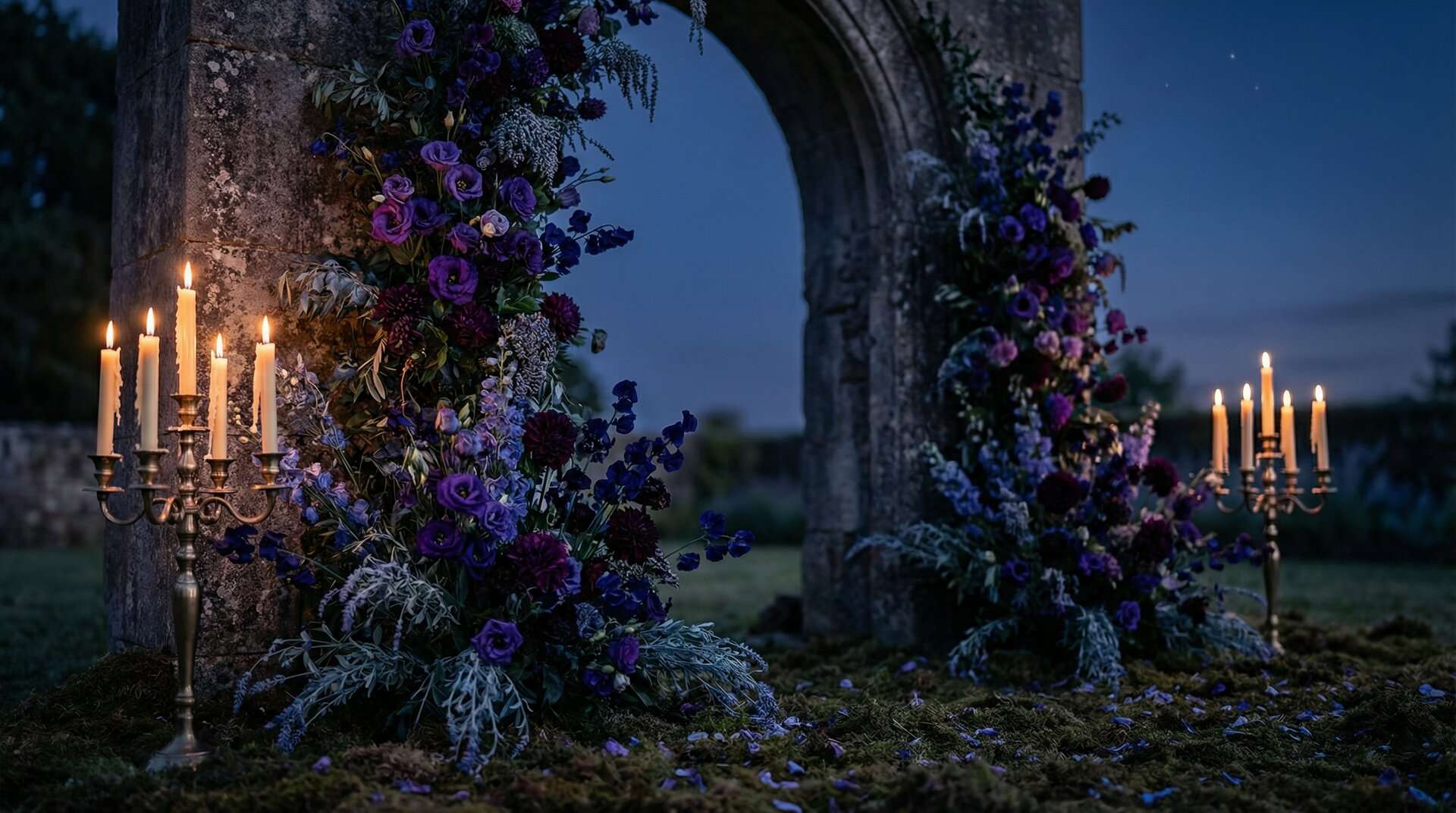 Blue-hour garden ceremony with deep violet and midnight blue florals, silver lavender accents, antique gold candelabra, and dripping beeswax tapers against a dusk sky
