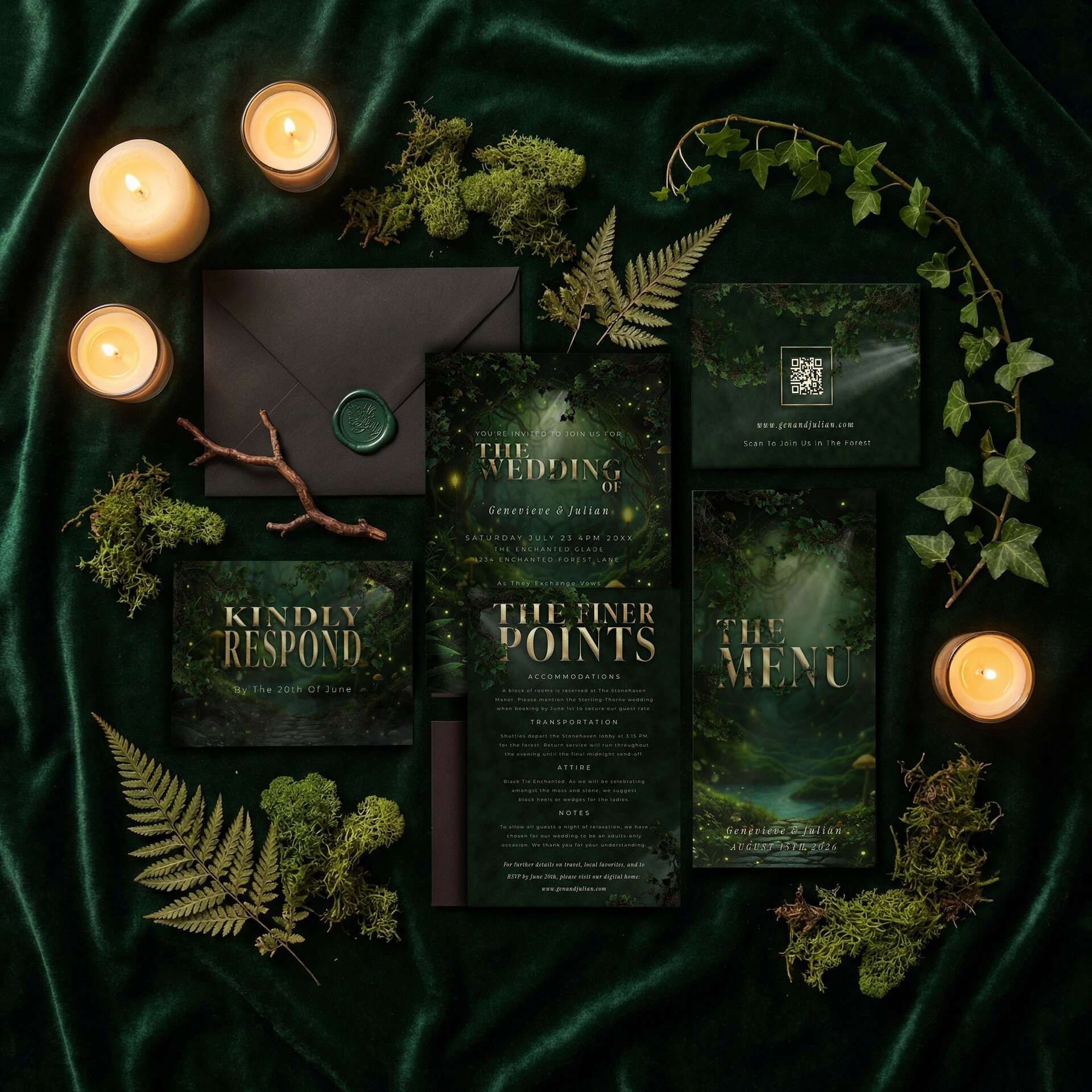 Overhead flatlay of a romantasy wedding stationery suite: dark full-bleed invitation, RSVP card, menu, and wax-sealed envelope with antique gold-effect typography and natural motifs of bare branches and moss