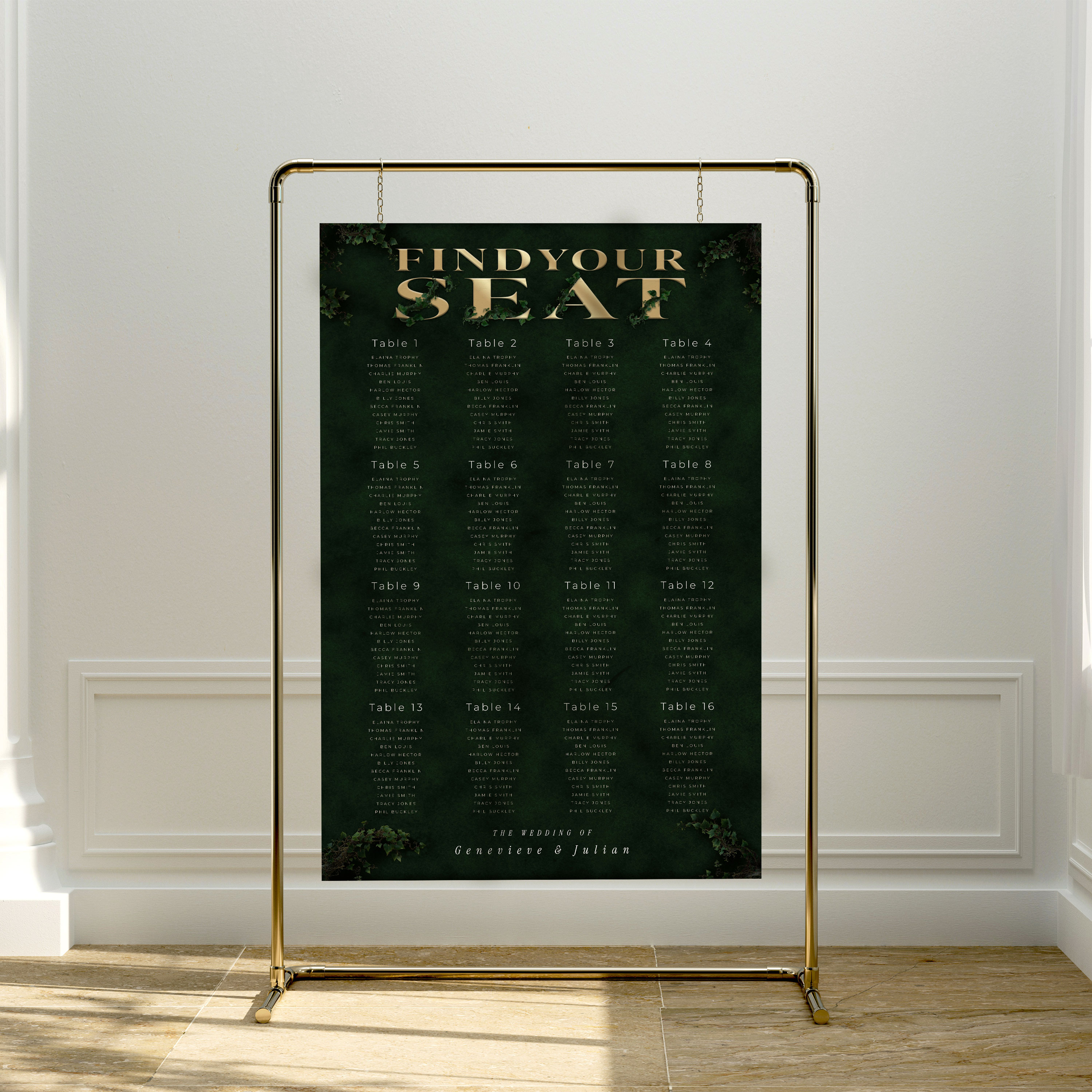 Enchanted Forest wedding seating chart with dark woodland border and gold text