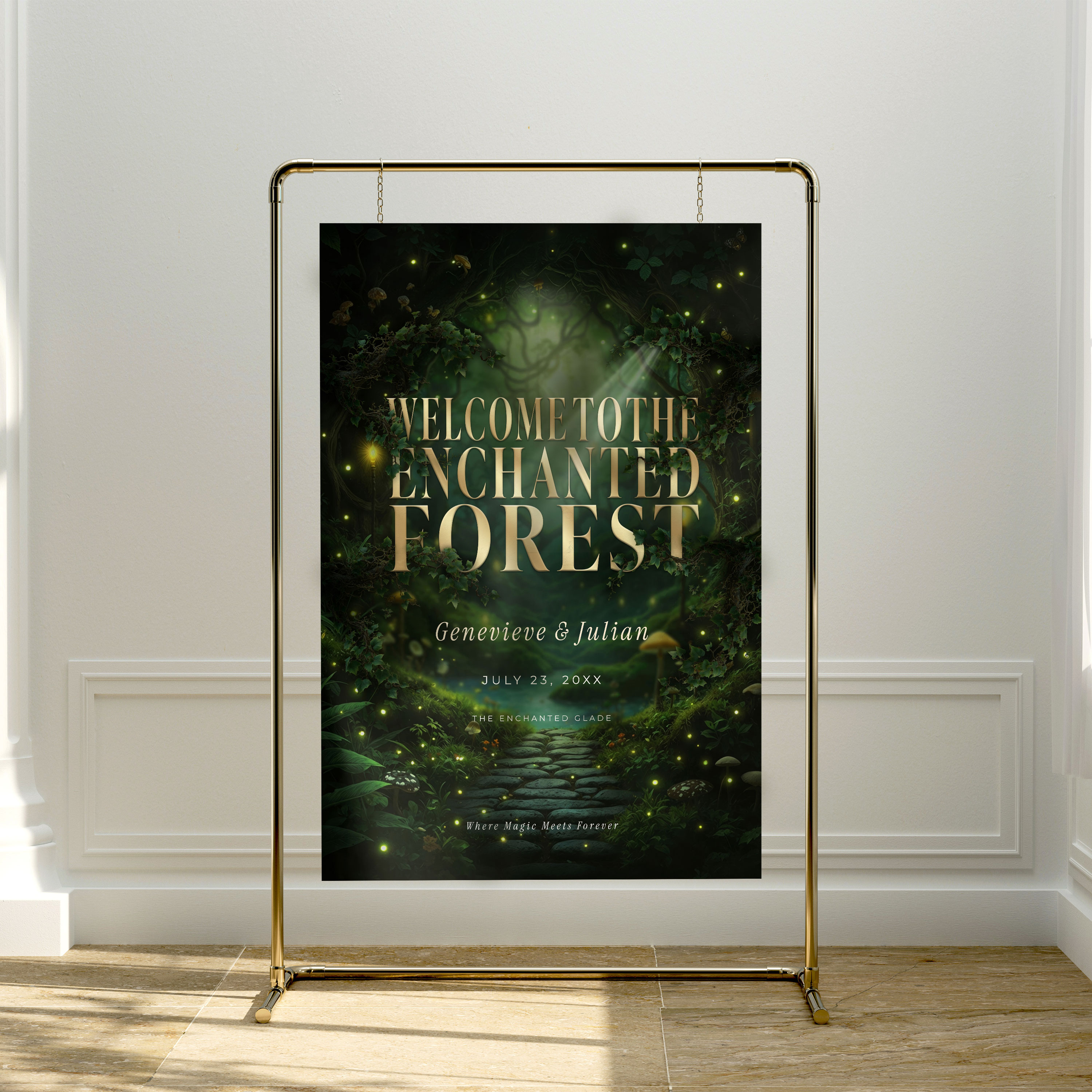 ThornBloom Enchanted Forest welcome sign mockup on dark easel with moody wedding decor