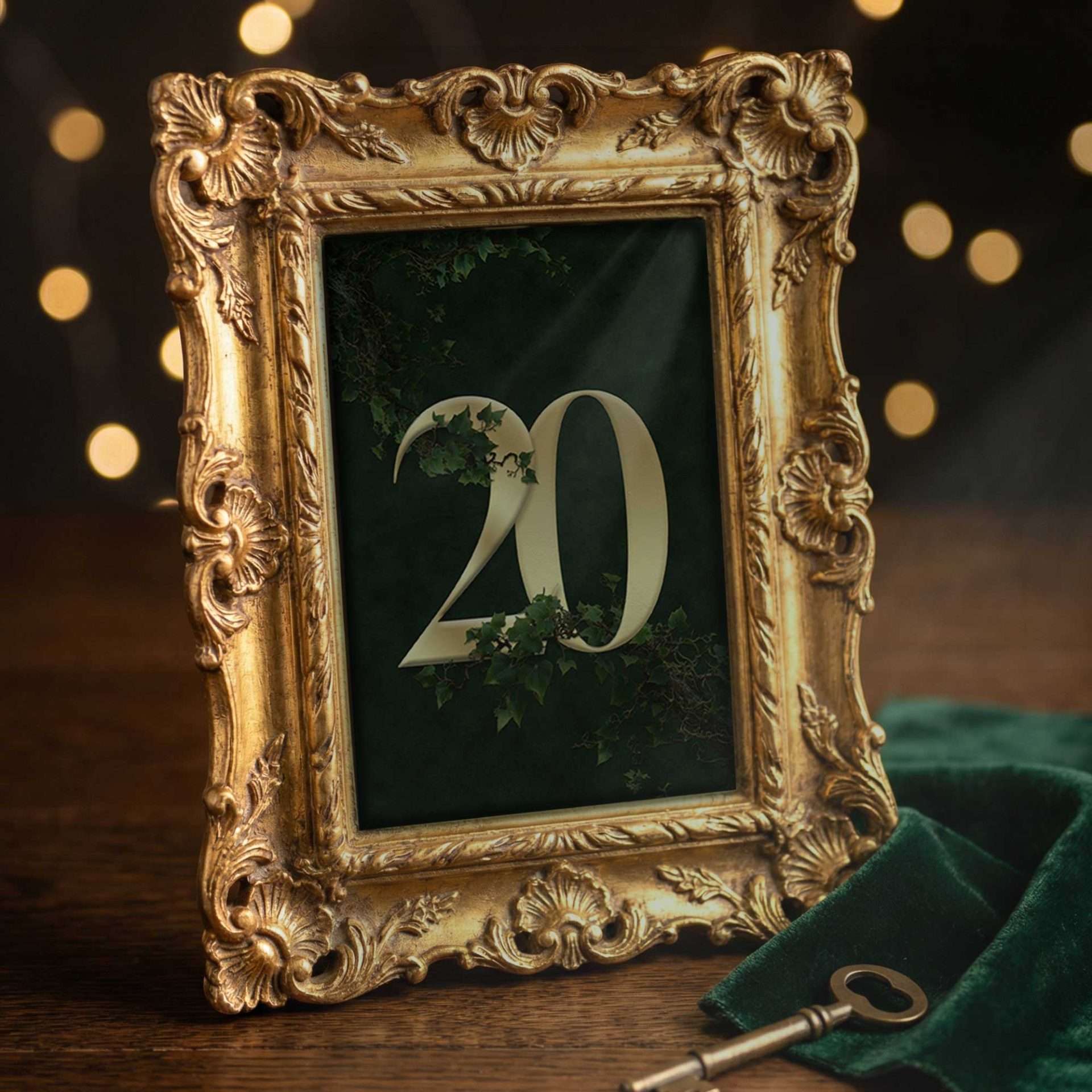 Enchanted Forest Table Number 20 Gold Frame Bokeh, Enchanted Forest