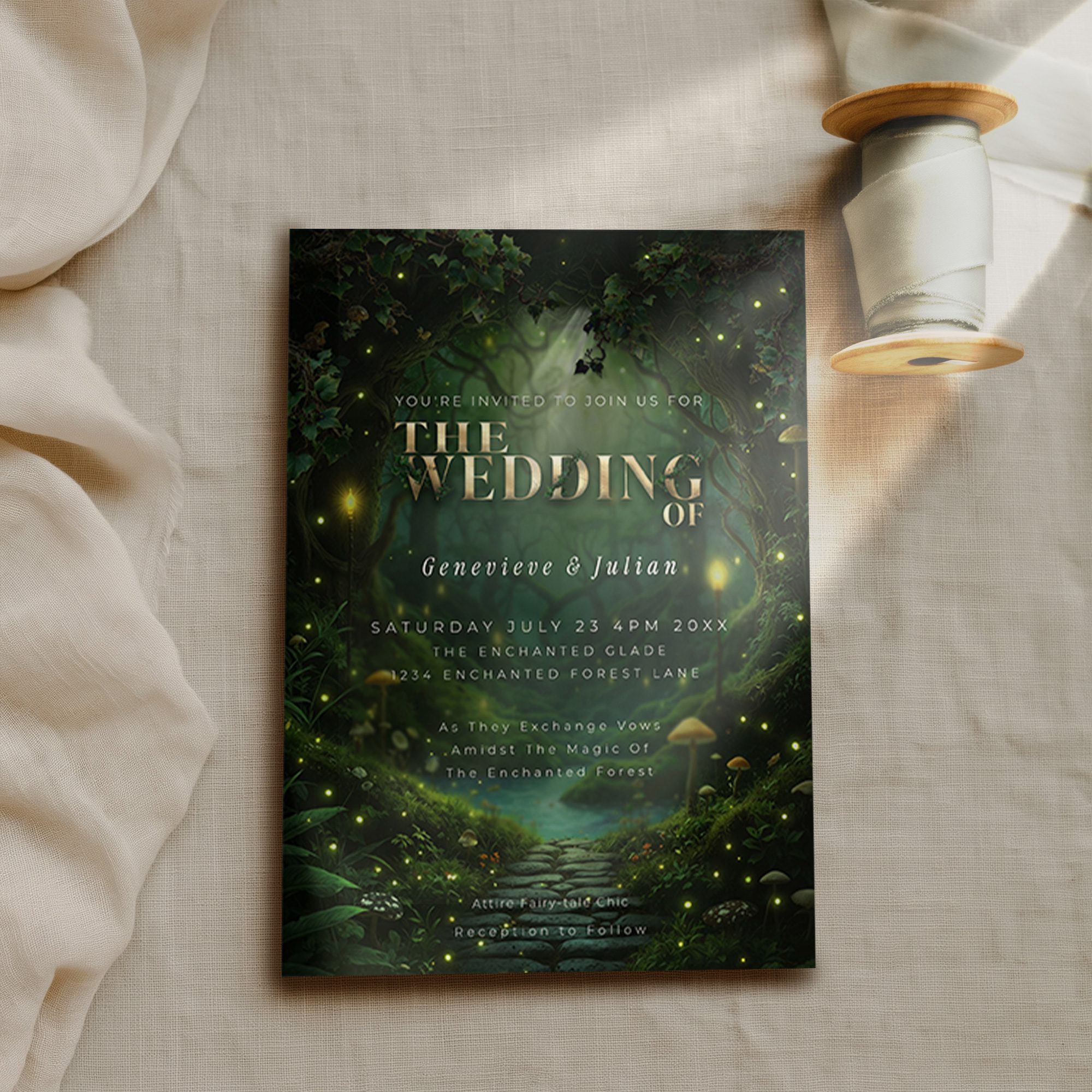 Enchanted Forest wedding invitation, The Wedding Of Genevieve and Julian, styled on linen with a thread spool