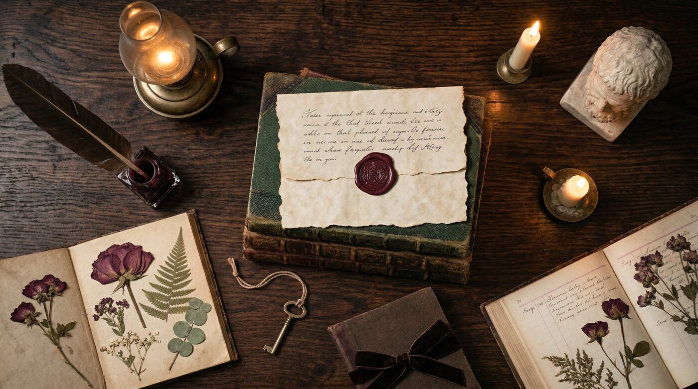 Dark academia mood board with brass candleholders, antique books, and library greens. Whimsigoth witch-romance wedding aesthetic in mulled wine and ochre.