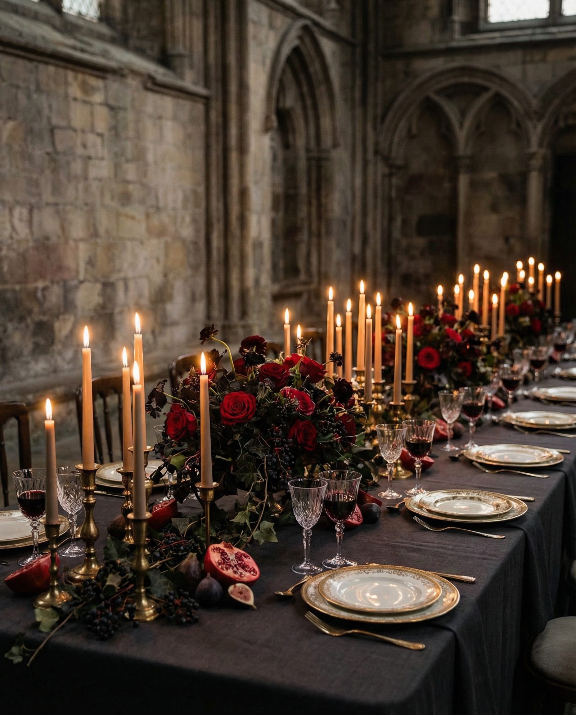 Gothic cathedral interior with candlelight and warm amber glow, moody and romantic atmosphere