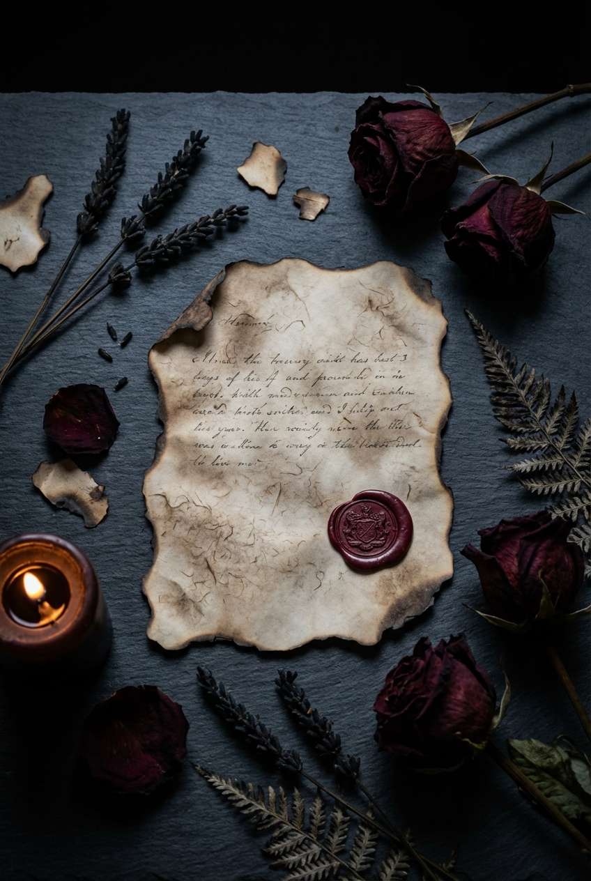 Scorched-edge parchment with brass candlelight and ember tones. Dragon-rider romantasy wedding aesthetic with oxblood and antiqued gold.