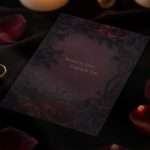 The reverse of the Dark Romance invitation, reading bound by love, sealed by fate, on plum artwork with rose petals