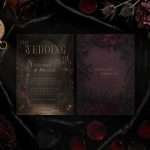 Dark Romance wedding invitation shown front and back on black cloth, with plum blooms and a pocket watch