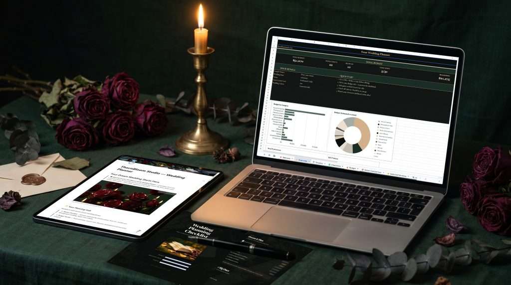 Wedding planner toolkit shown on laptop with Google Sheets dashboard, tablet with Notion workspace, and printable checklist on a candlelit dark green table with dried roses
