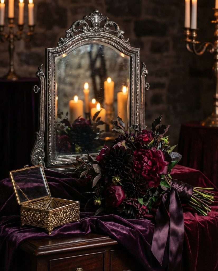 Ornate silver vanity mirror reflecting lit candles, beside a bridal bouquet of dark burgundy dahlias and roses, blending gothic and dark romance styling