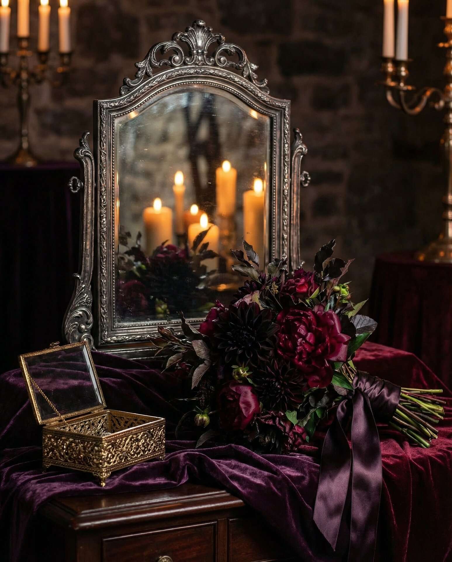 Victorian gothic evening garden wedding setting with overgrown dark roses and wrought-iron gate