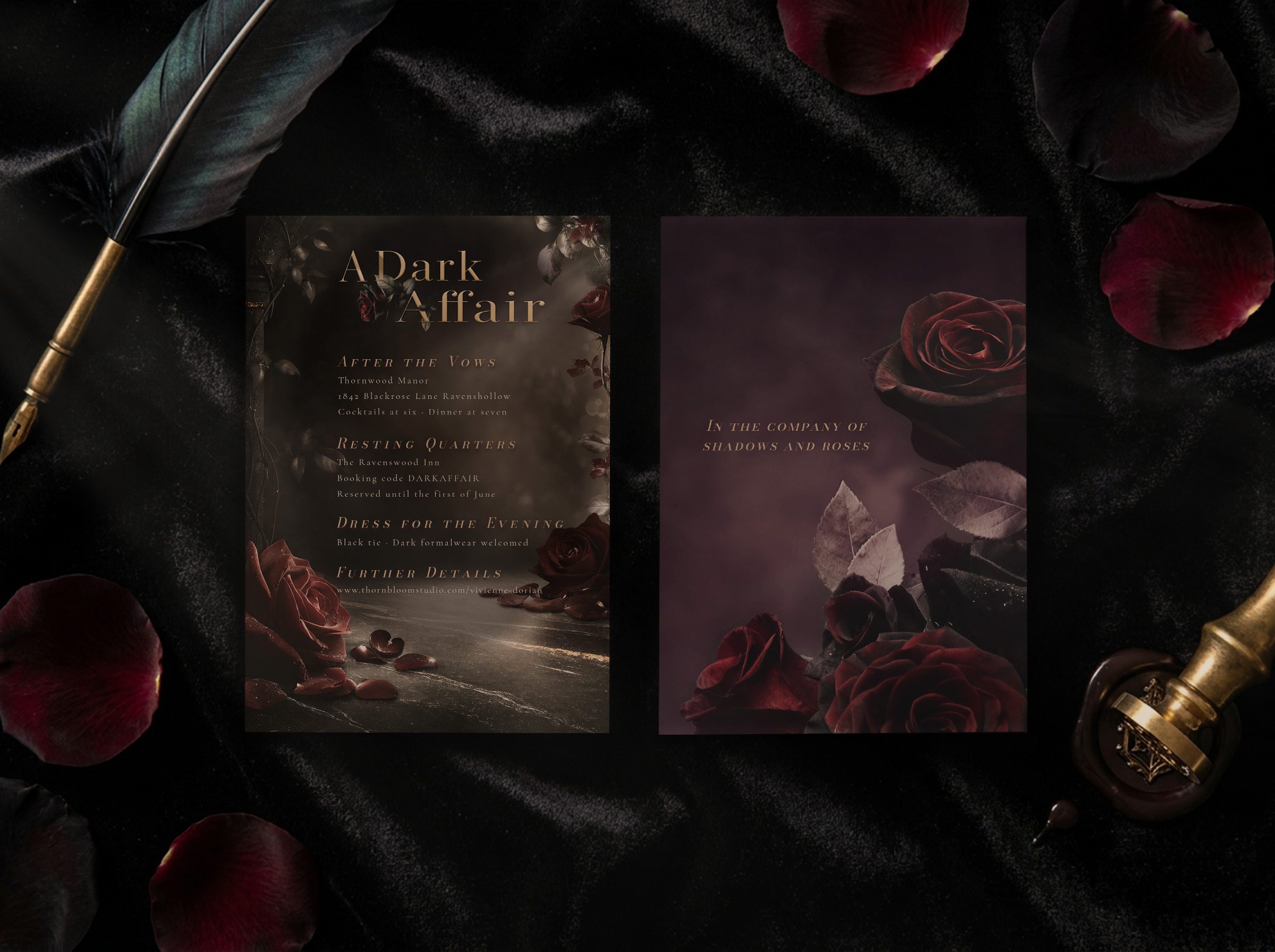 Dark Romance details card front and back with quill and wax seal styling