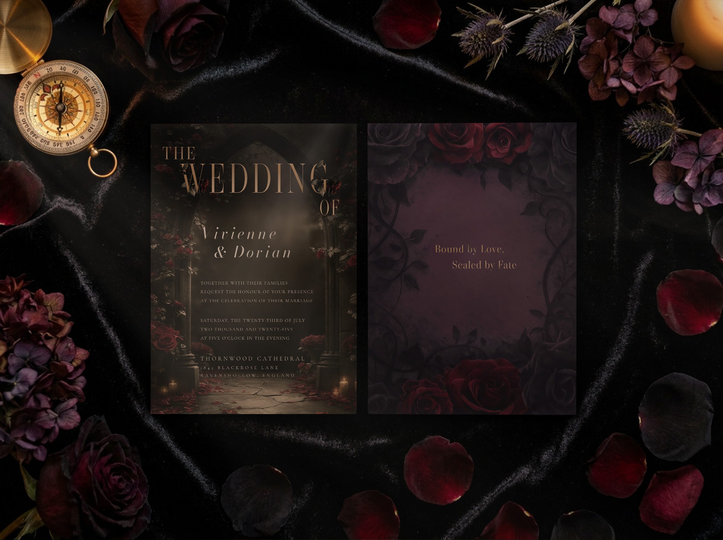 Dark Romance wedding invitation front and back side by side showing full design