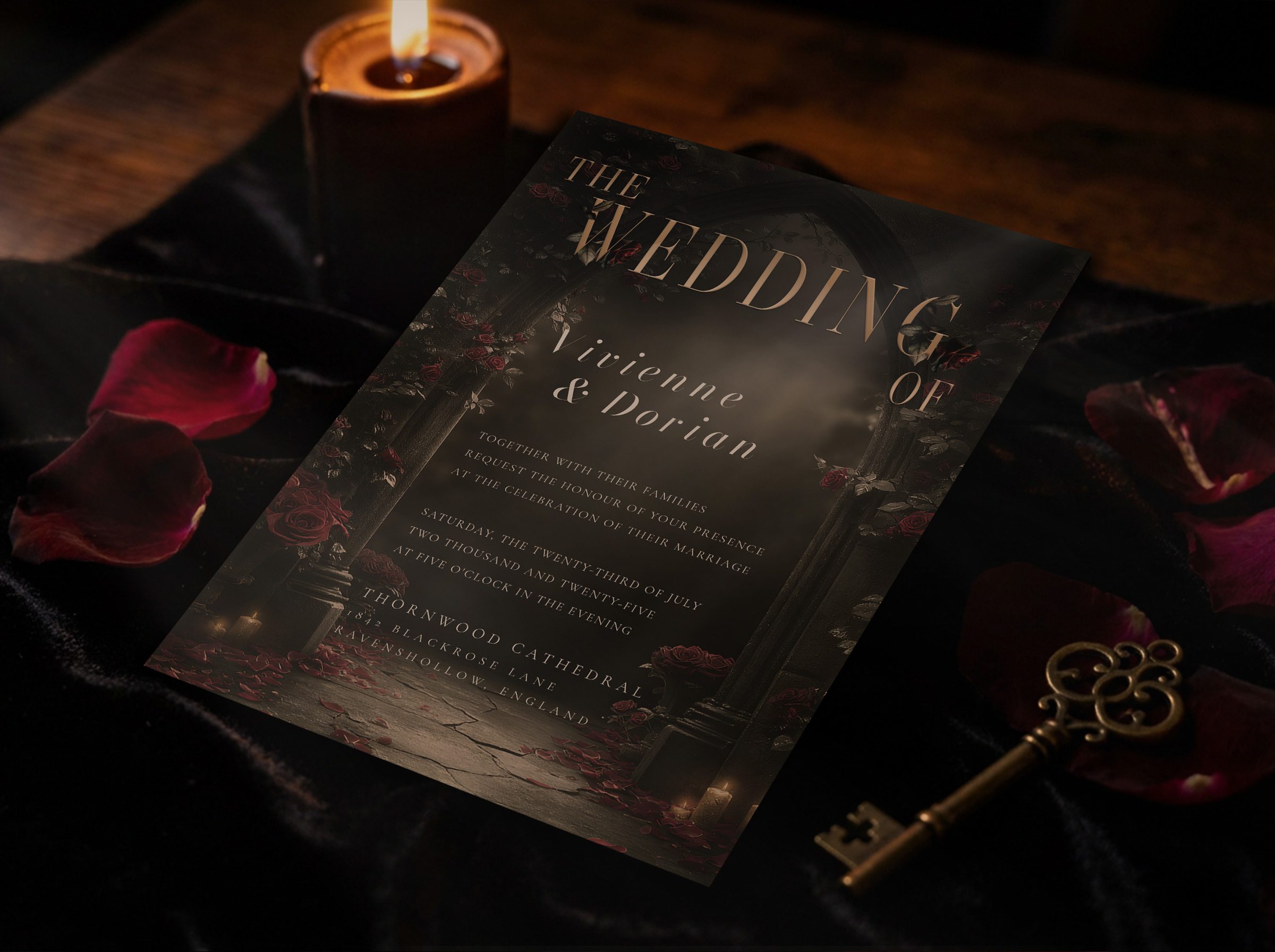 Dark Romance wedding invitation front design with oxblood roses and candlelight amber filigree, styled with candle and antique key
