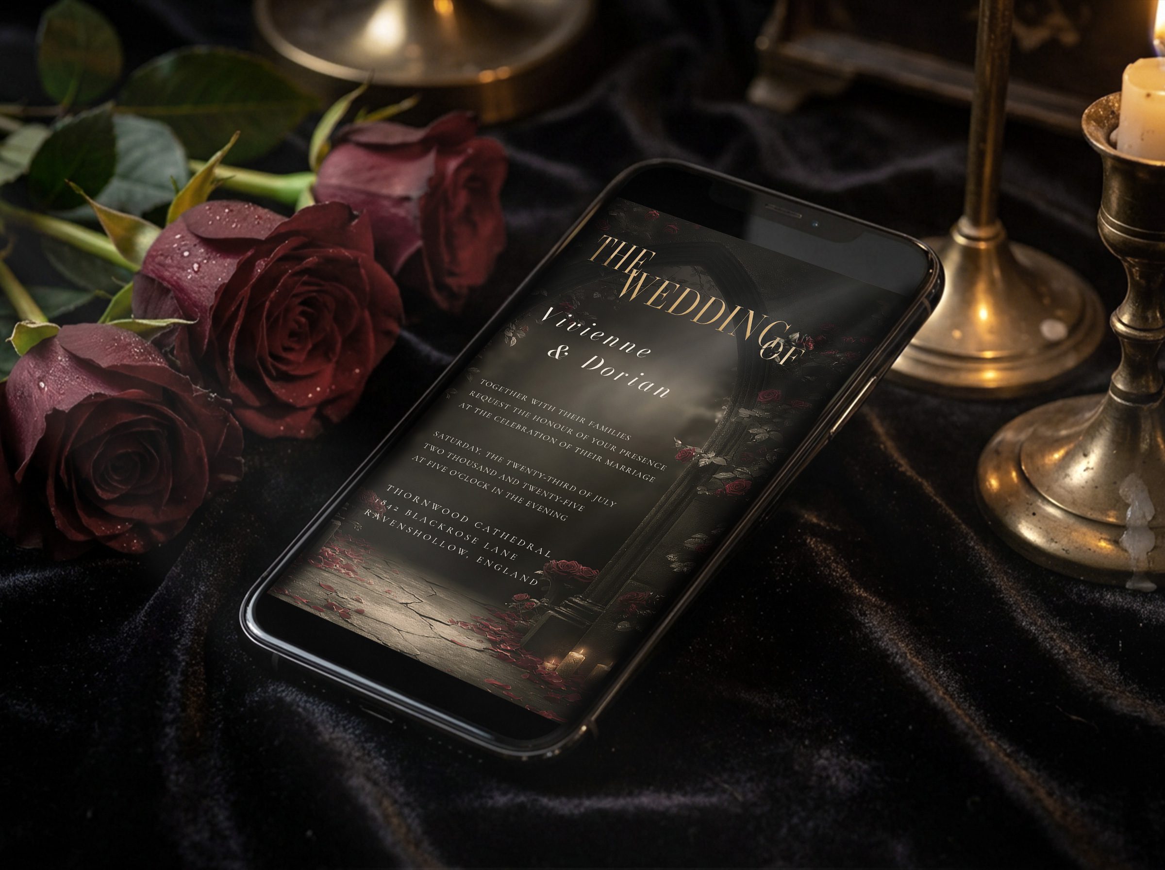 Dark Romance mobile invitation displayed on phone with roses and candlesticks