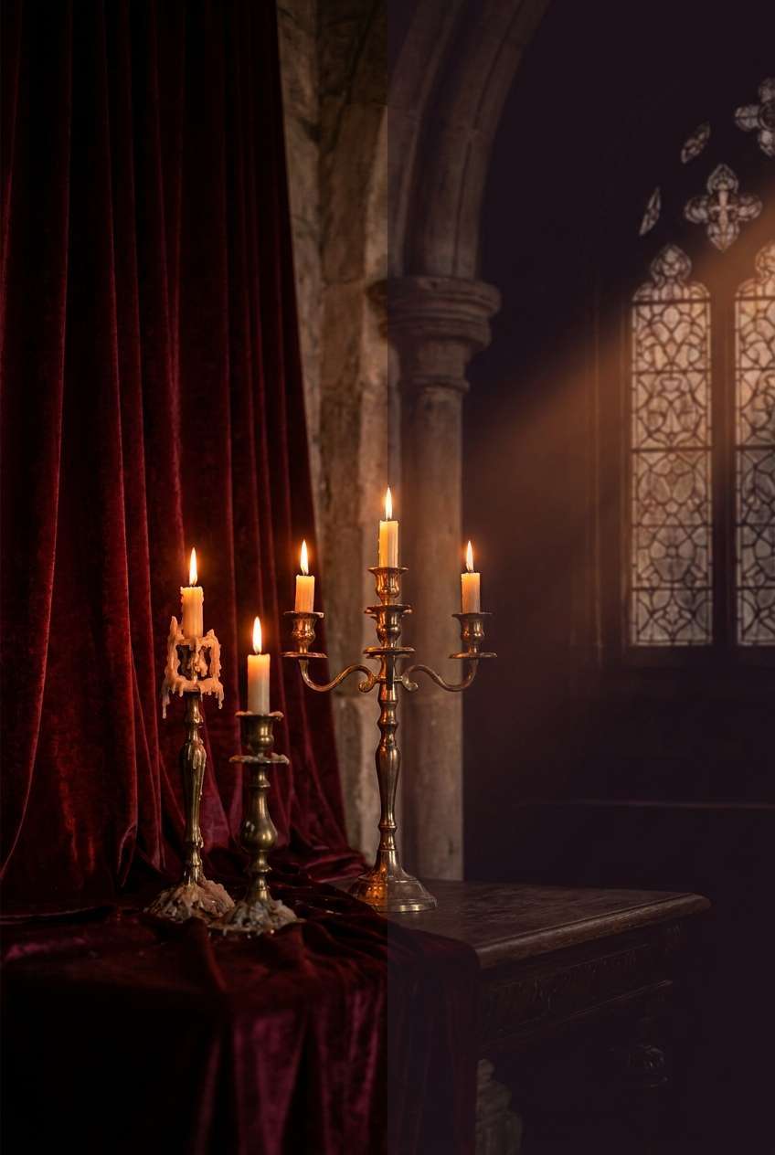 Side-by-side mood comparison of dark romance, gothic, and enchanted forest wedding aesthetics