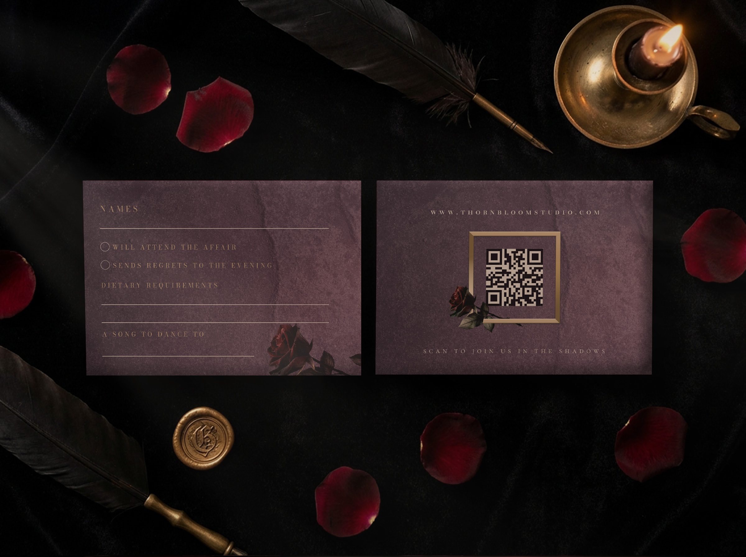 Dark Romance RSVP card front and back with QR code response option
