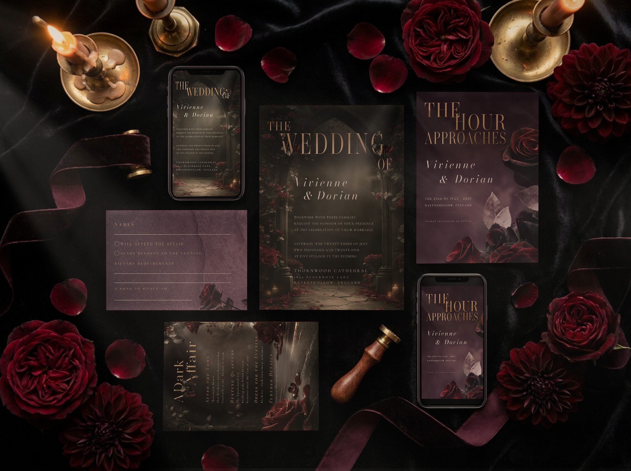 Dark Romance Essentials Suite stationery flat-lay showing all five pieces with oxblood roses, candles, and velvet