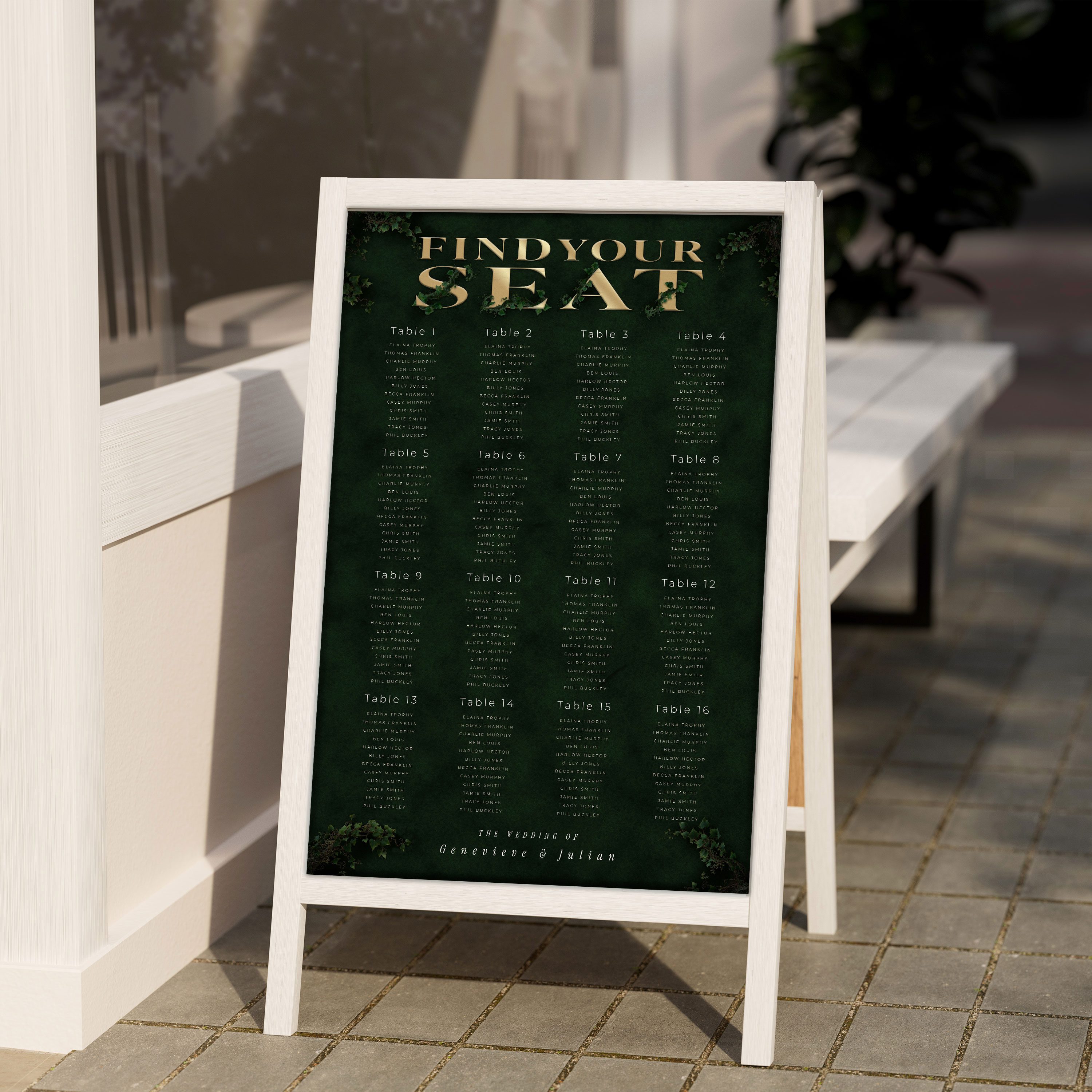 Enchanted Forest wedding seating chart sign reading Find Your Seat, displayed on an easel