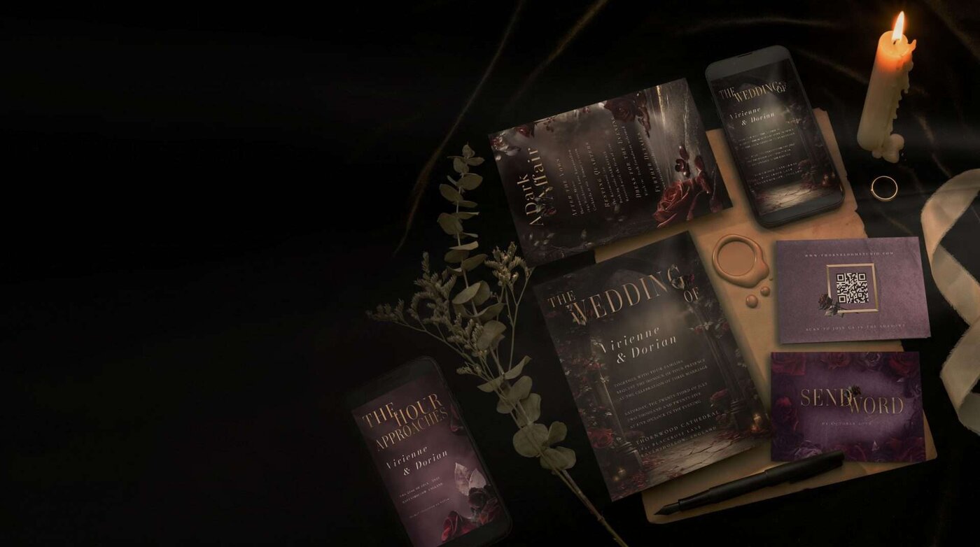 Dark Romance Essentials Suite flat-lay with oxblood roses, dark velvet, and candlelight amber accents