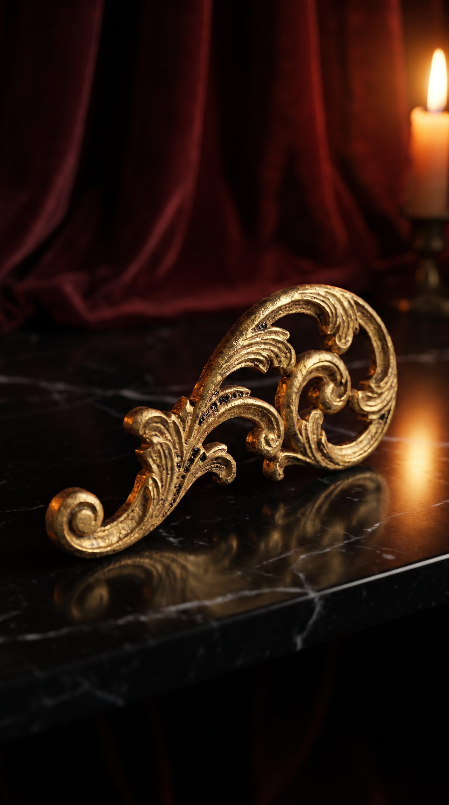 Gold filigree masquerade detail on marble. Court intrigue romantasy wedding aesthetic with aubergine and gilded antique gold.