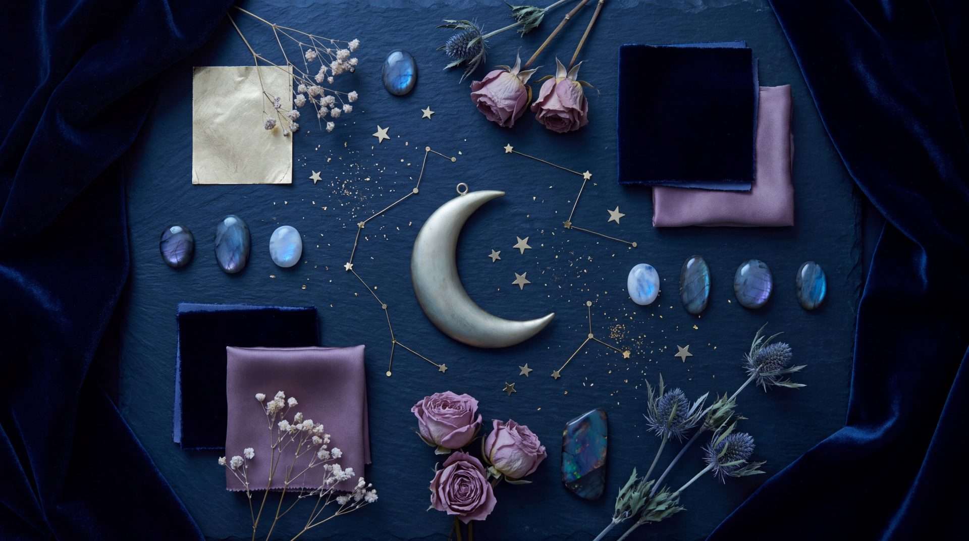 Midnight Celestial wedding color palette mood board featuring midnight veil navy obsidian navy starforge gold dusty mauve and celestial black with a crescent moon constellations and celestial botanicals