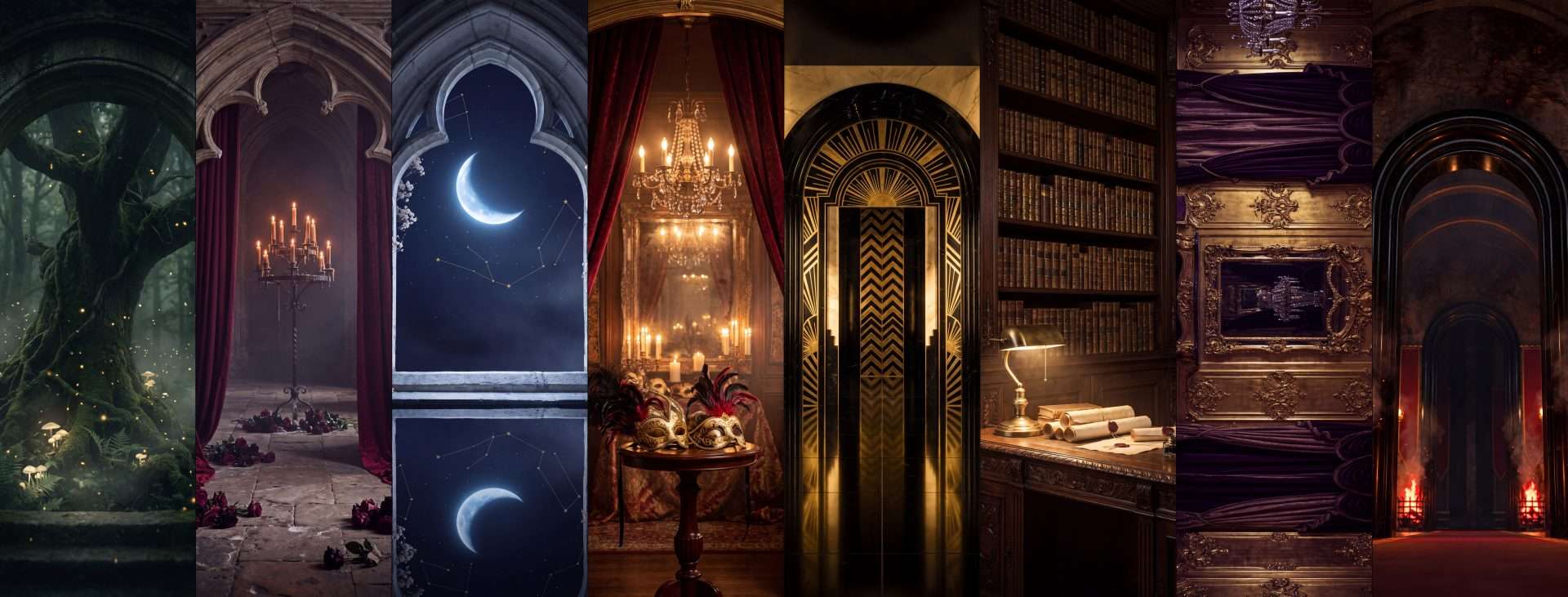 Eight fantasy wedding color palettes: Enchanted Forest, Dark Romance, Midnight Celestial, Velvet Opera, Jet Noir, Dark Academia, Rococo Palace, and Ember Court, each depicted as a moody atmospheric scene