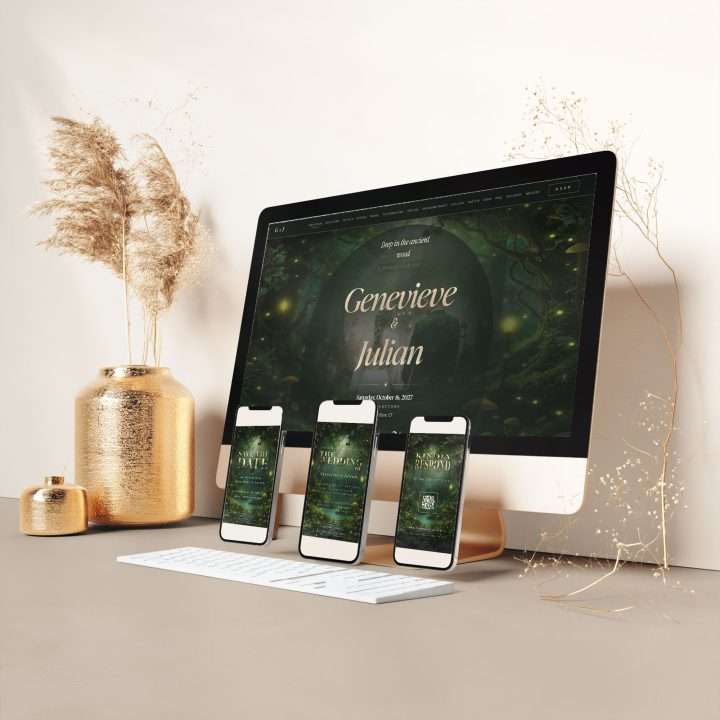 Enchanted Forest Digital Deluxe Suite: Desktop And Phone On Neutral Desk, Enchanted Forest