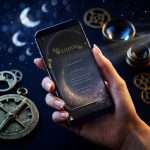 Midnight Celestial wedding invitation on a phone screen held in hand, above brass astronomical instruments and gold crescent moons