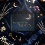 Midnight Celestial Whisper to the Moon RSVP card on navy silk, with a gold crescent moon, amethyst and gypsophila